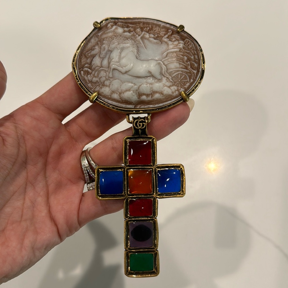Resin Cross and Cameo Brooch Pin